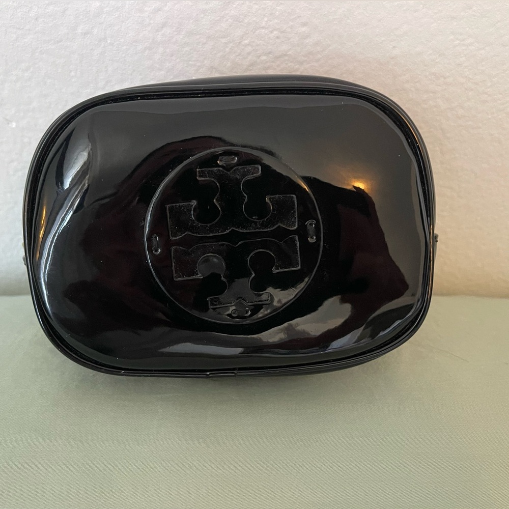 Tory Burch Black Patent Leather Makeup Bag with Zipper and Gold Logo Accent